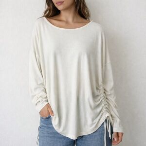 Bryn Walker Ivory Ruched Side Long Sleeve Top Size XS Oversized Casual Boho